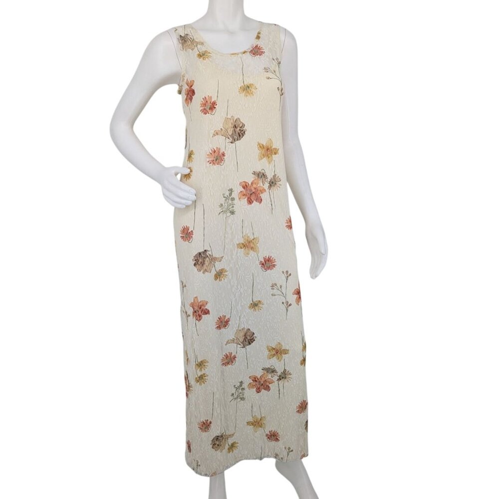 Vintage 90s Sleeveless Floral Lace Overlay Maxi Dress Cottage Whimsical Size 12